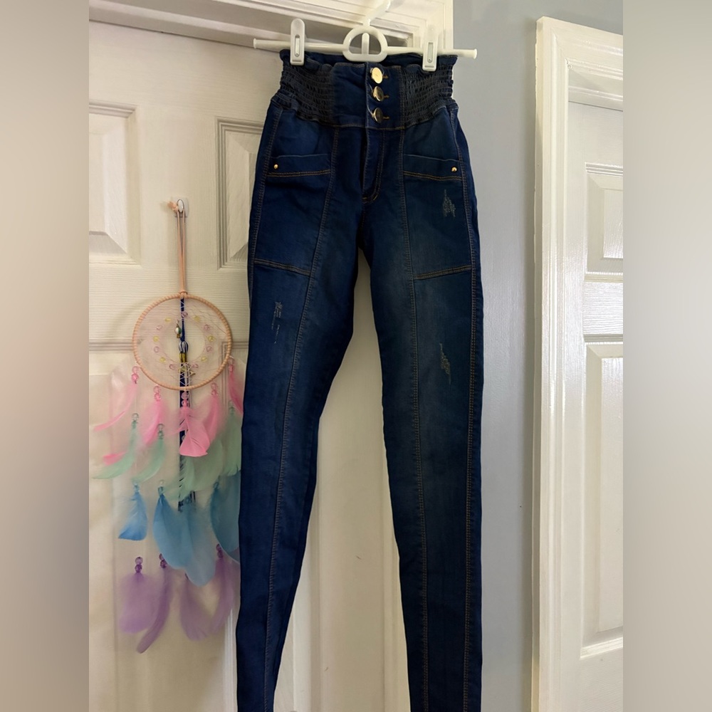 High-Waist Dark Blue Women's Jeggings with Elastic Smocked Waist